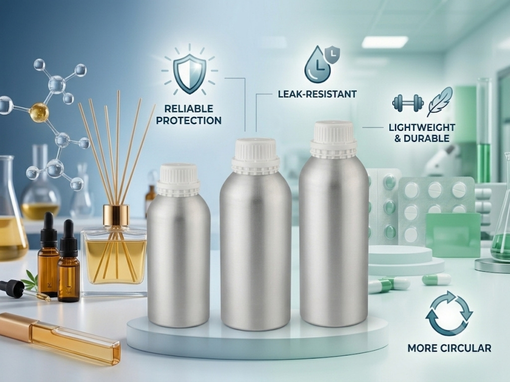 Plugless Aluminium Bottles and Containers for Fragrance & Pharma Brands